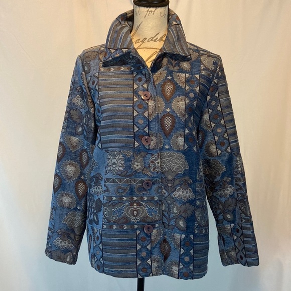Sag Harbor Blue Brocade Art Tapestry Bohemian Style Jacket Blazer Size 6 - Picture 1 of 8